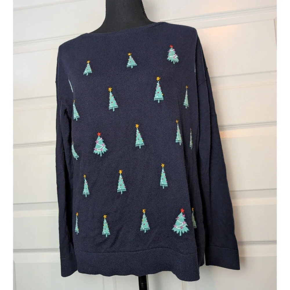 Talbots Size M Knit Sweater Super Soft Holiday Tree Navy Blue Christmas Classic